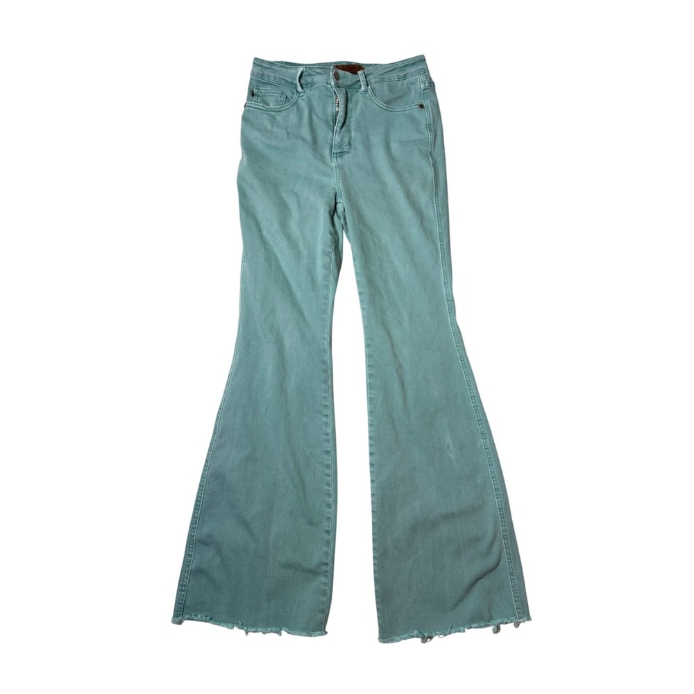 Judy Blue Flare Jeans Turquoise Size 7/28 Raw Hem Boutique Western Cowgirl Boho - Picture 3 of 8